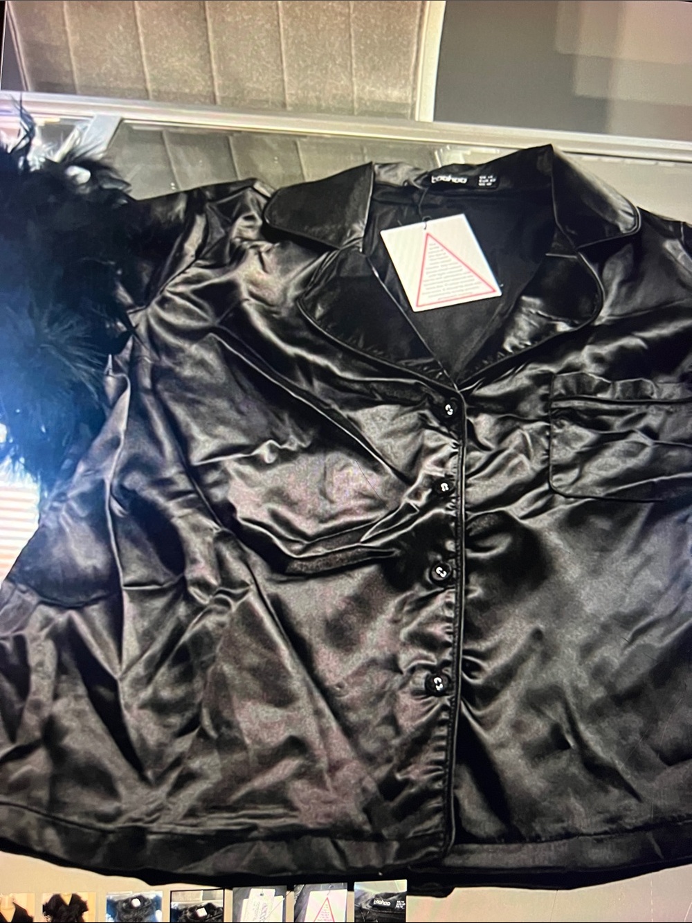 Black Satin Button-Up Top with Feather Trim - Picture 4 of 7